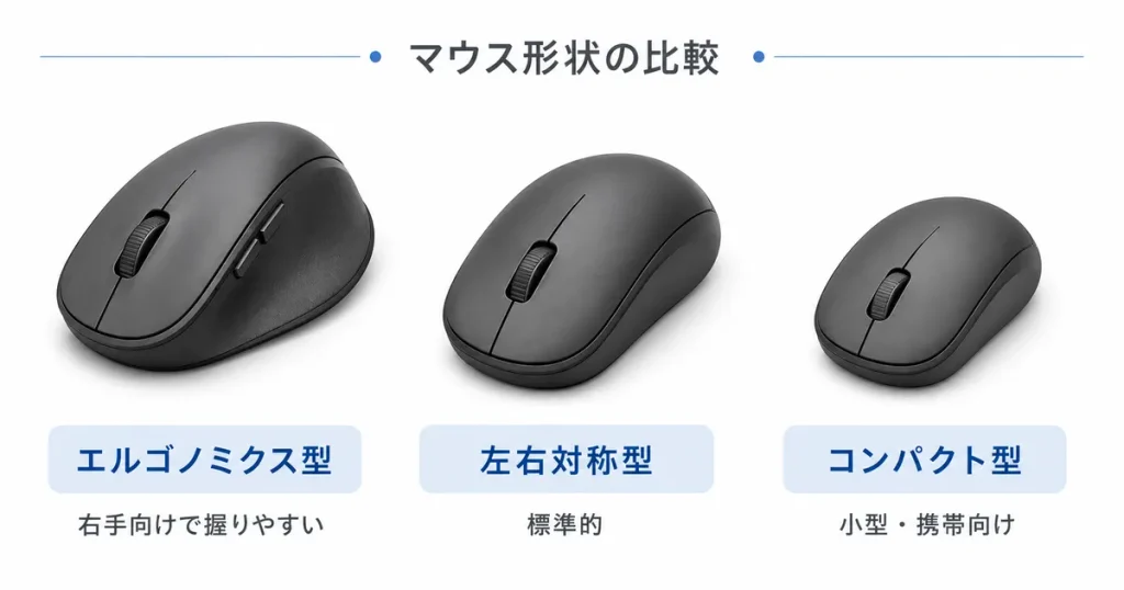 エルゴノミクス型・左右対称型・コンパクト型の3形状を横に並べた比較図