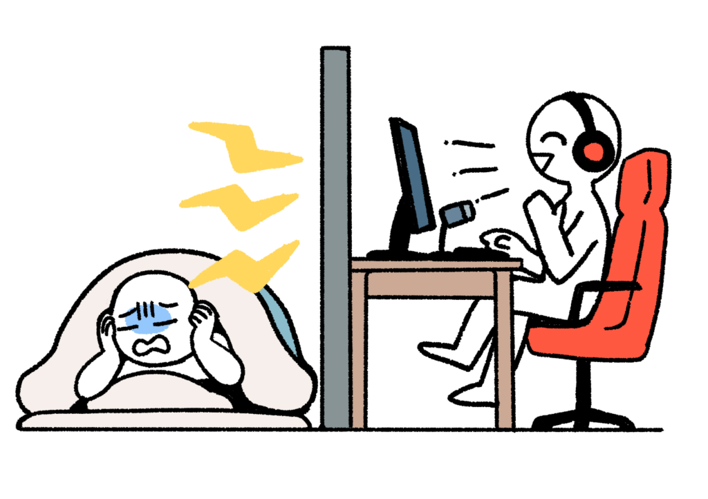 賃貸アパートで夜中のゲーム音が隣室に漏れているイラスト