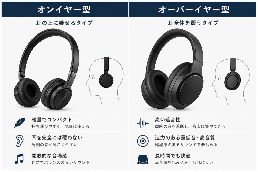 オンイヤー型とオーバーイヤー型ヘッドホンの装着方法の違いを比較したイラスト