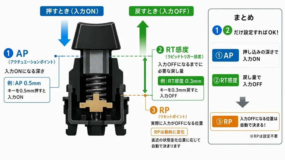 ラピッドトリガーの仕組みを示した断面図。AP・RT感度・RPの位置関係を解説