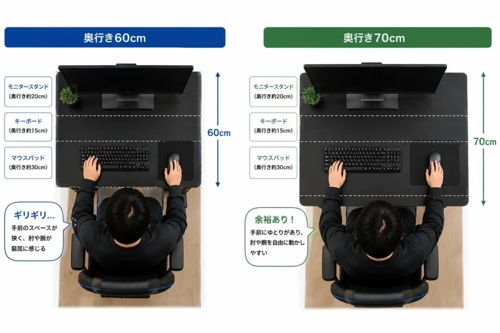 ゲーミングデスクの奥行き60cmと70cmの違いを俯瞰で比較｜60cmはスペースがギリギリ、70cmは肘や腕を自由に動かせる余裕あり