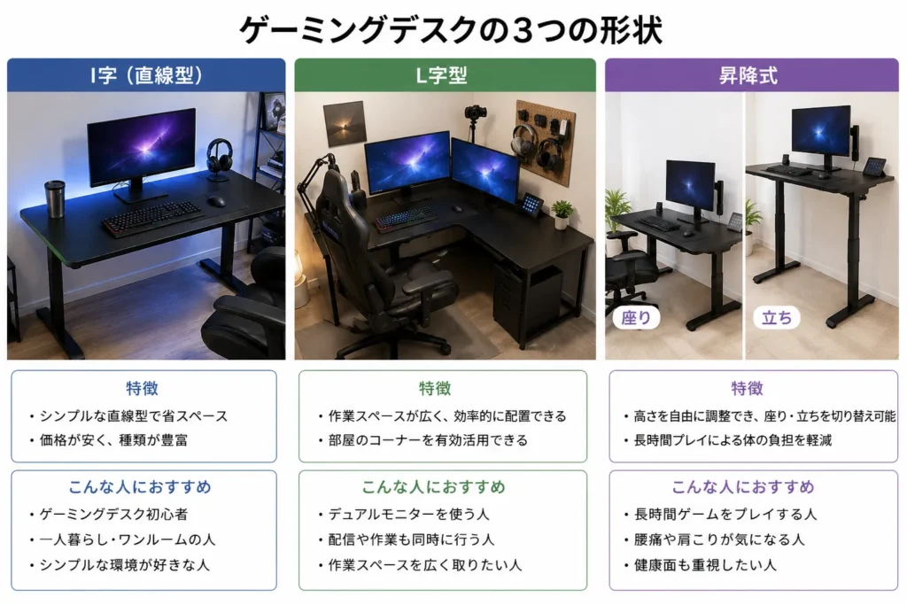 ゲーミングデスクの3つの形状比較｜I字（直線型）・L字型・昇降式の特徴とおすすめの人を解説した図解
