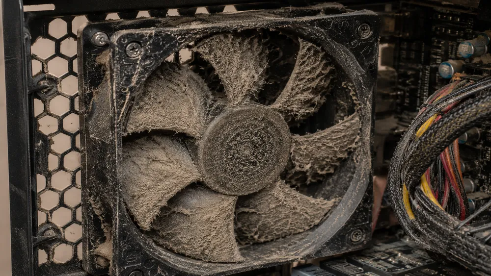 ホコリが大量に付着したゲーミングPCの冷却ファン