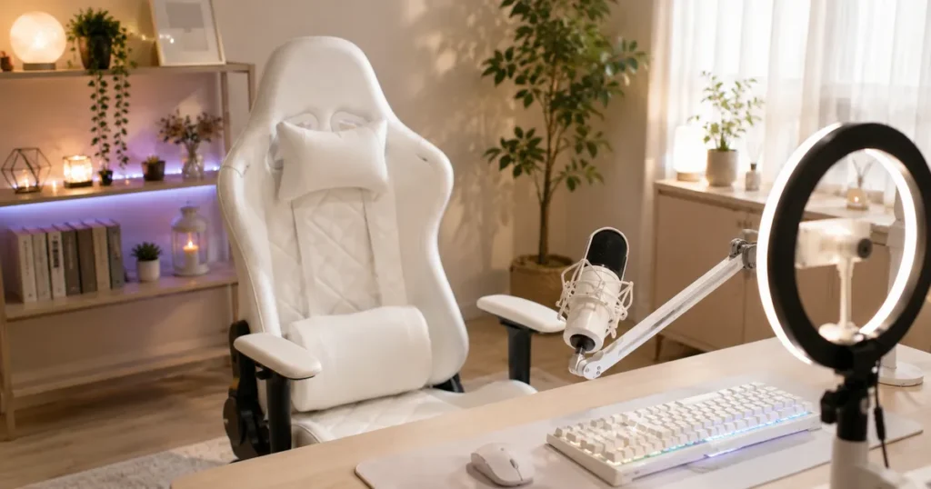gaming-room 白いゲーミングチェアと明るい部屋の配信・撮影のイメージ画像