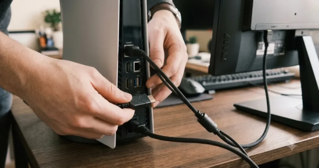 ps5-monitor-hdmi-connect PS5本体背面のHDMI端子にケーブルを接続する手元とゲーミングモニター