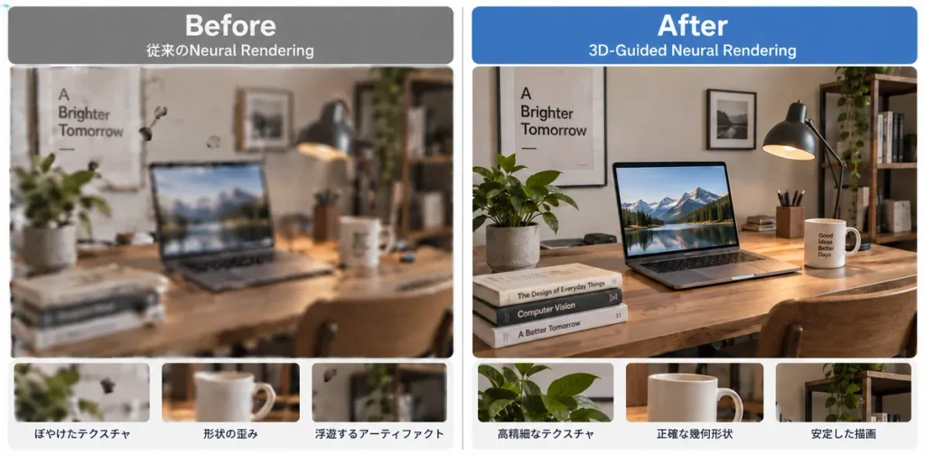 3D-Guided Neural RenderingのBefore/After比較図
