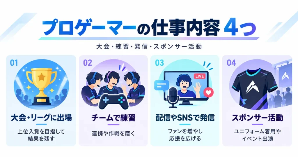 プロゲーマーの仕事内容4つ(大会出場・チーム練習・配信やSNS・スポンサー活動)
