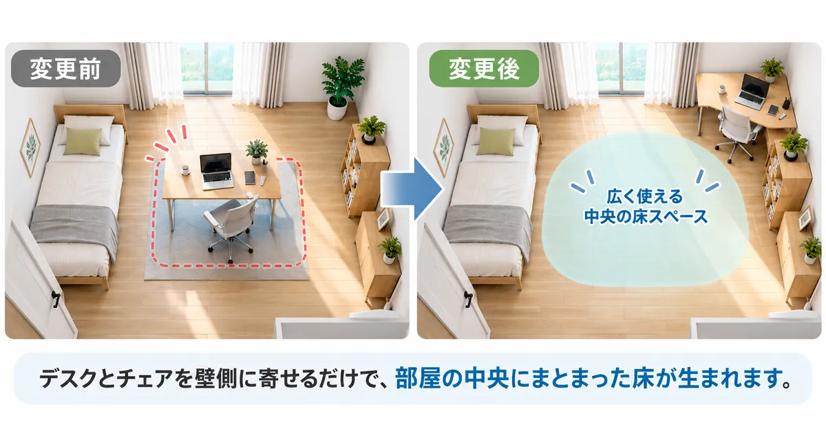 狭いゲーム部屋のデスク配置を変更する前と変更した後の比較図