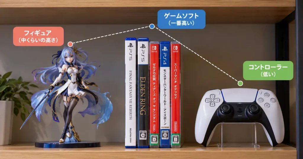 ゲーム棚のおしゃれな飾り方の例。フィギュア・ゲームソフト・コントローラーを高さの違う三角形に配置し、バランスよく見せるディスプレイ術。