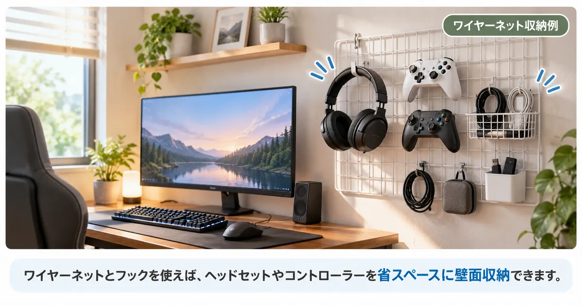 デスク横のワイヤーネットにヘッドセットとコントローラーを掛けた収納例