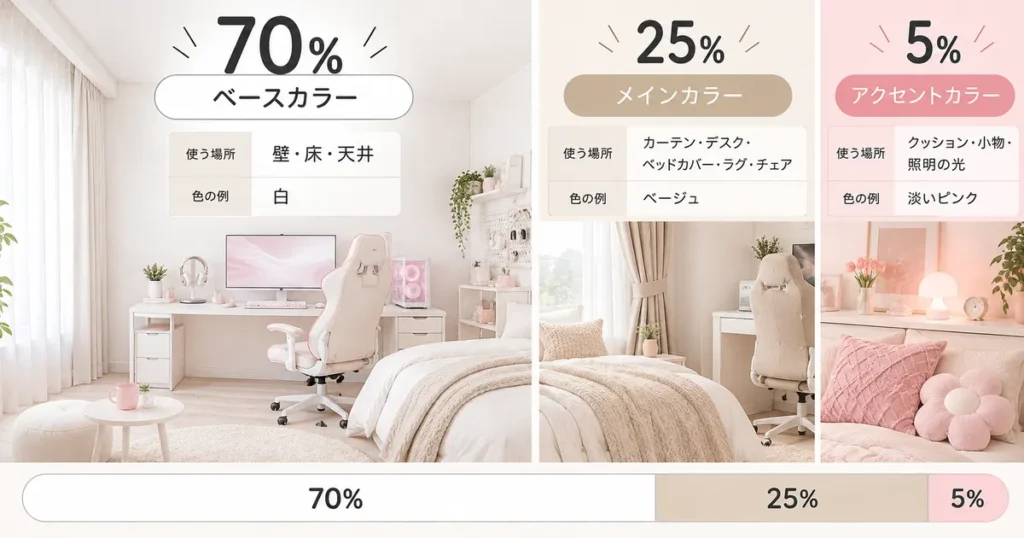かわいいゲーム部屋の配色バランスを示した図。白70％をベースカラー、ベージュ25％をメインカラー、淡いピンク5％をアクセントカラーとして取り入れる例。