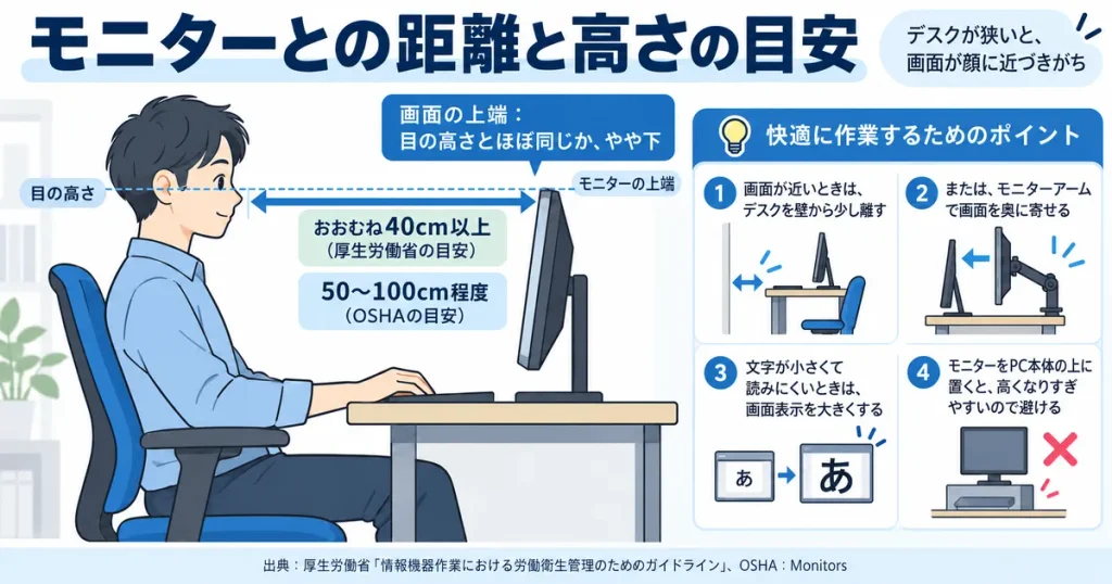 モニターと目の適切な距離・高さを示す図解。厚生労働省の目安はおおむね40cm以上、OSHAは50〜100cm程度。画面の上端は目の高さかやや下に調整する。
コピー
